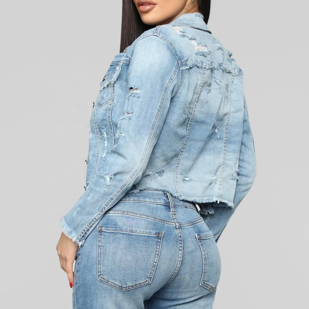 Customized fashion crop denim jaket women ripped jean jackets