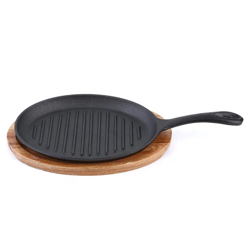 Предварительно обработанная чугунная тарелка для стейка с деревянным подносом, сковорода для сковородки