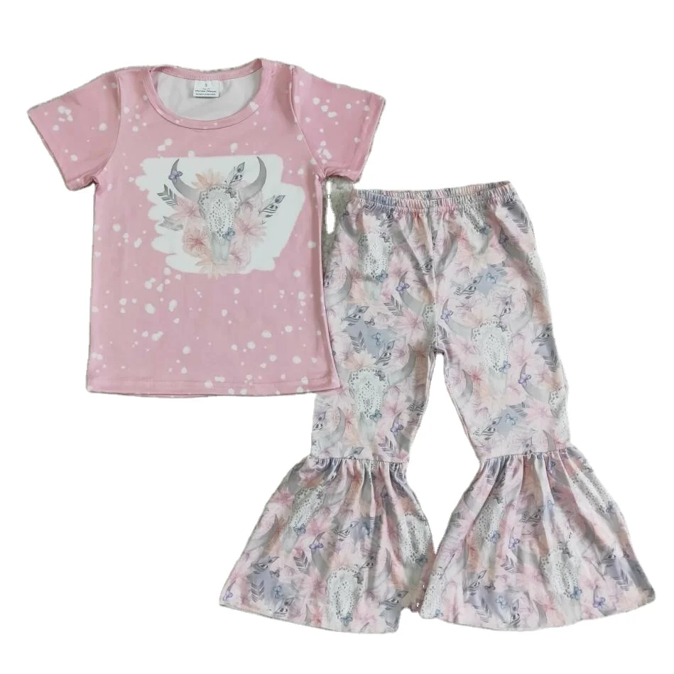 Pink highland cow T-shirt bell bottom wholesale RTS no MOQ girls clothing sets little girl boutique clothes baby clothing sets