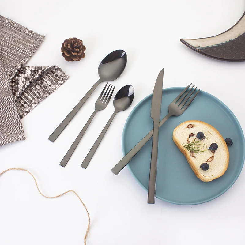 Manufacture Customized Spoon And Fork Set Stainless Steel Portable Travel Flatware Mirror Black Cutlery Set