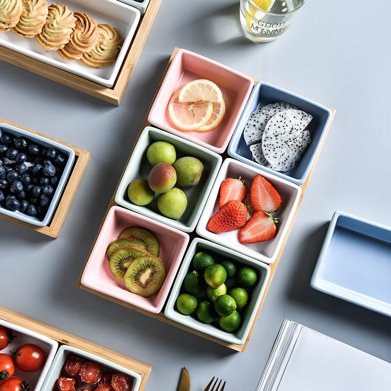 Japandi Light Luxury 2pcs Ceramic Fruit Nut Snack Plates Creative Serving Table Decoration Dessert Tray Set With Bamboo Holder