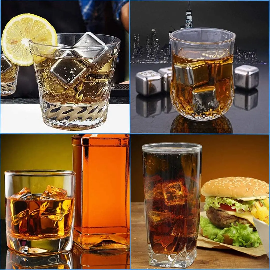 Reusable Ice Cube Whiskey Stones Stainless Steel Chilling Cubes for Drinks with Ice Tongs and Freezer Storage Tray for Whiskey