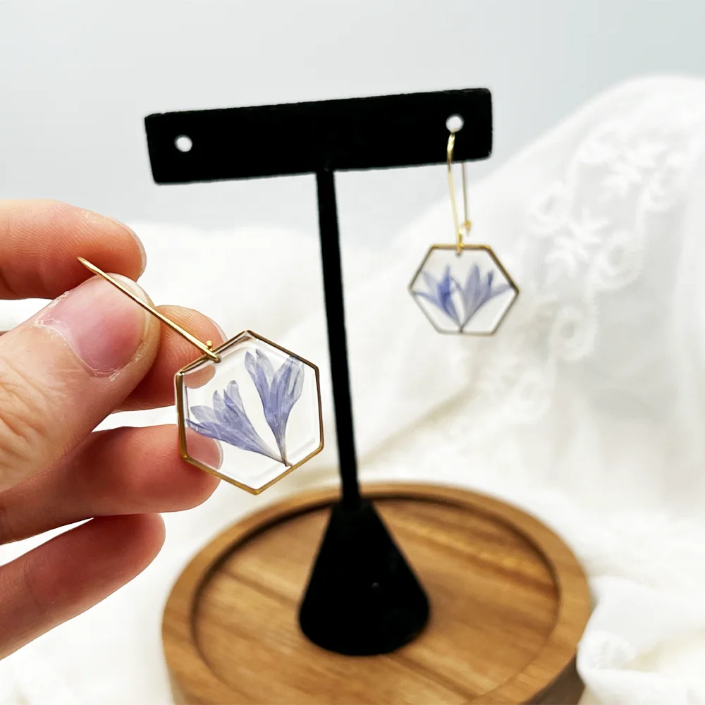 Geometric Handmade Resin Jewelry Blue Real Corn flower Gold Hexagon Hoop Earrings Unique Birthday Gift