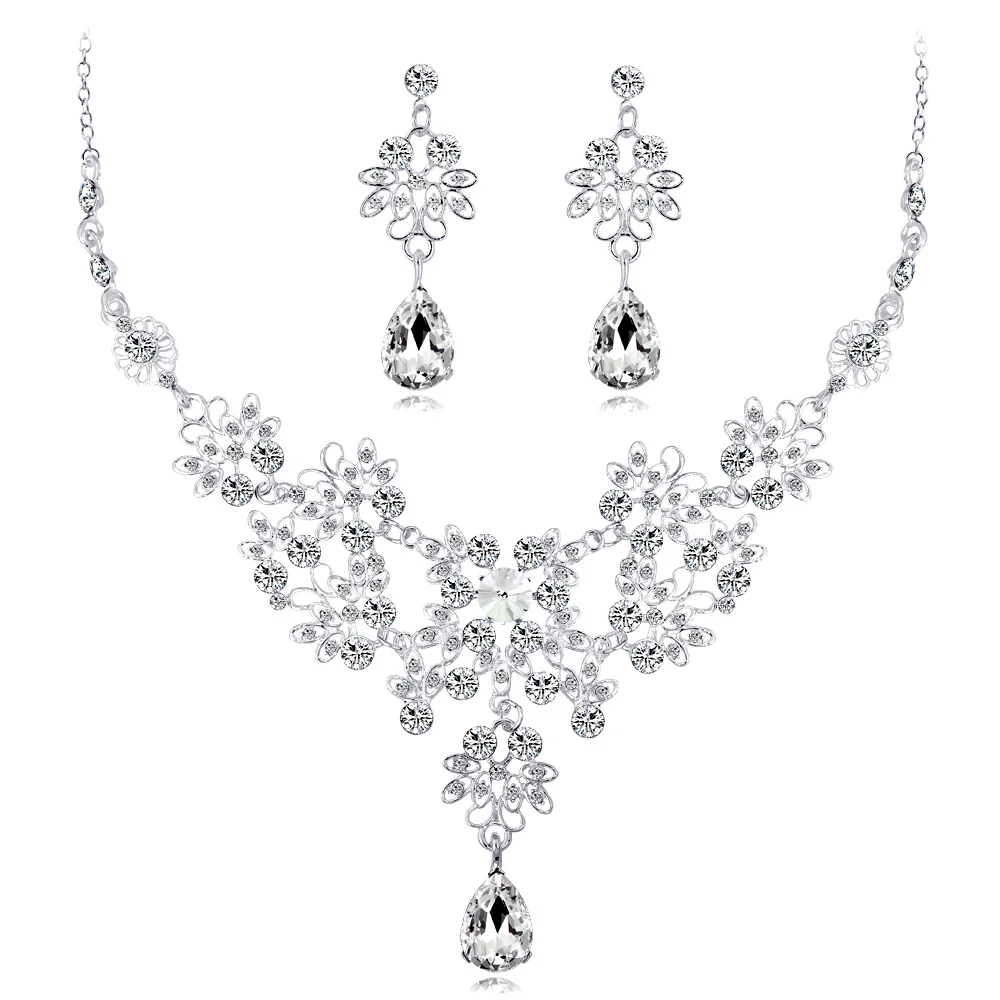 Multi-Shaped Pear and Marquise Cubic Zirconia Necklace Earring Silver Plating Crystal Excellent Wedding Jewelry Set for Brides