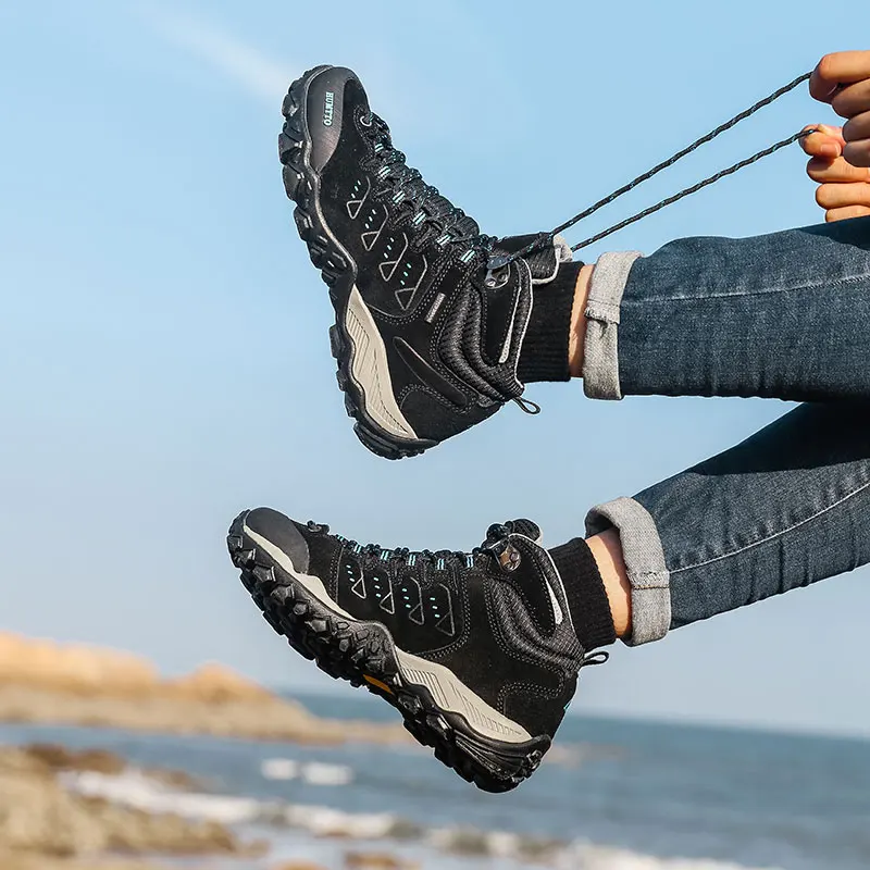 Humtto New Hiking Shoes Leather Boots Rubber Outsole Top Quality Trail Running Shoes Waterproof Men Hiking Boots