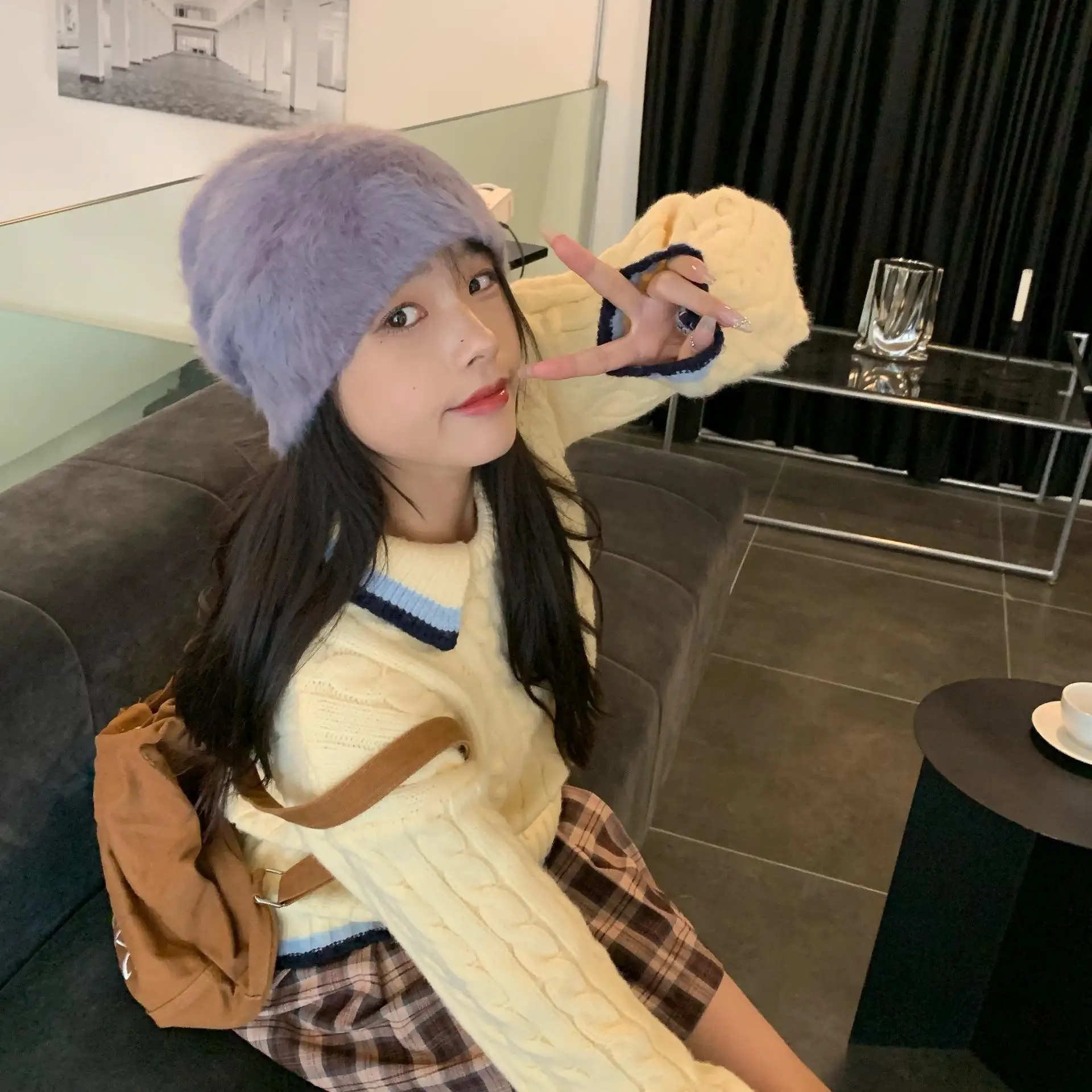 2024 New Arrival Rabbit Hair Straight Cap High Quality Fur New Design Winter Warm Knitted Hot Sale Cute Plush Fashion Beanie Hat