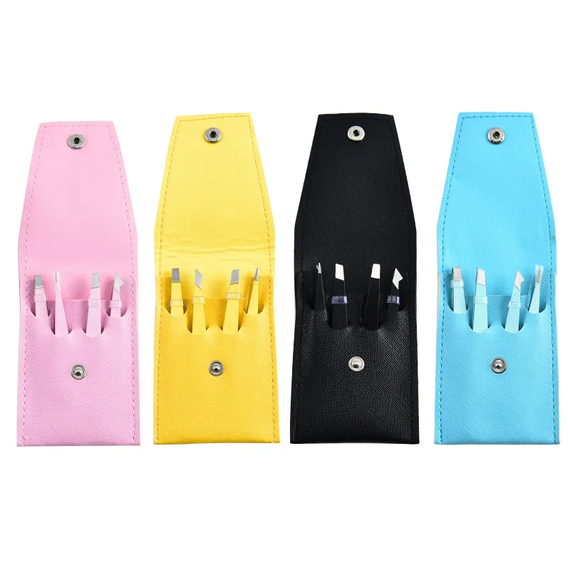 High Quality Stainless Steel Custom Logo Eyebrow Pliers Bevel Flat Pointed Knife Edge Tweezers Eyelash Extension PU Leather Bag