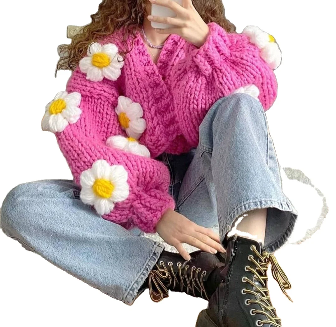 VSCOO ready to ship hand made women long sleeve cardigan flowers crochet v neck  handmade wool sweaters