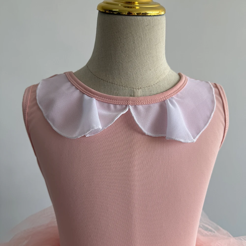 2024 Custom design logo pink mesh fringe beautiful girls dance nylon spandex ballet tutu dress for girls