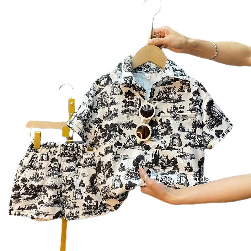 Holiday Style Summer Children Clothes Suit 2pcs Shirt+Shorts Pattern Casual Baby Boy Clothes Set