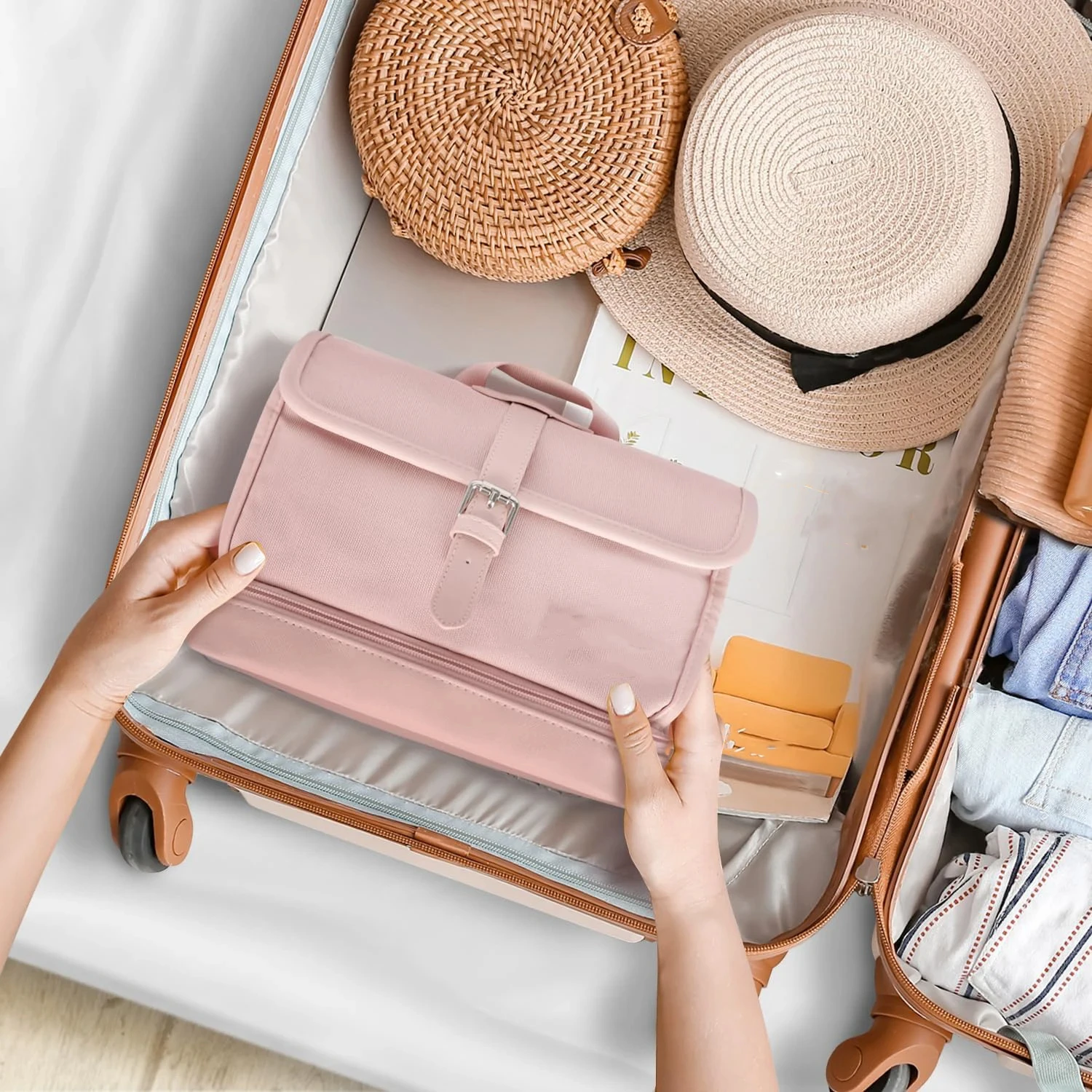 Women and Girls Double Flap Layer Portable Canvas Makeup Case for Storage Fashion Large Leather Travel Bag Cosmetic Organizer