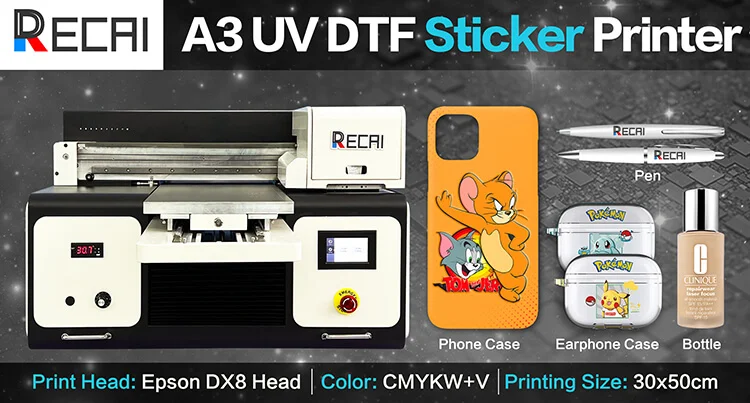 A3 Size RECAI New Product UV DTF Sticker Printer Flatbed Printer with DX8 Heads for Epson