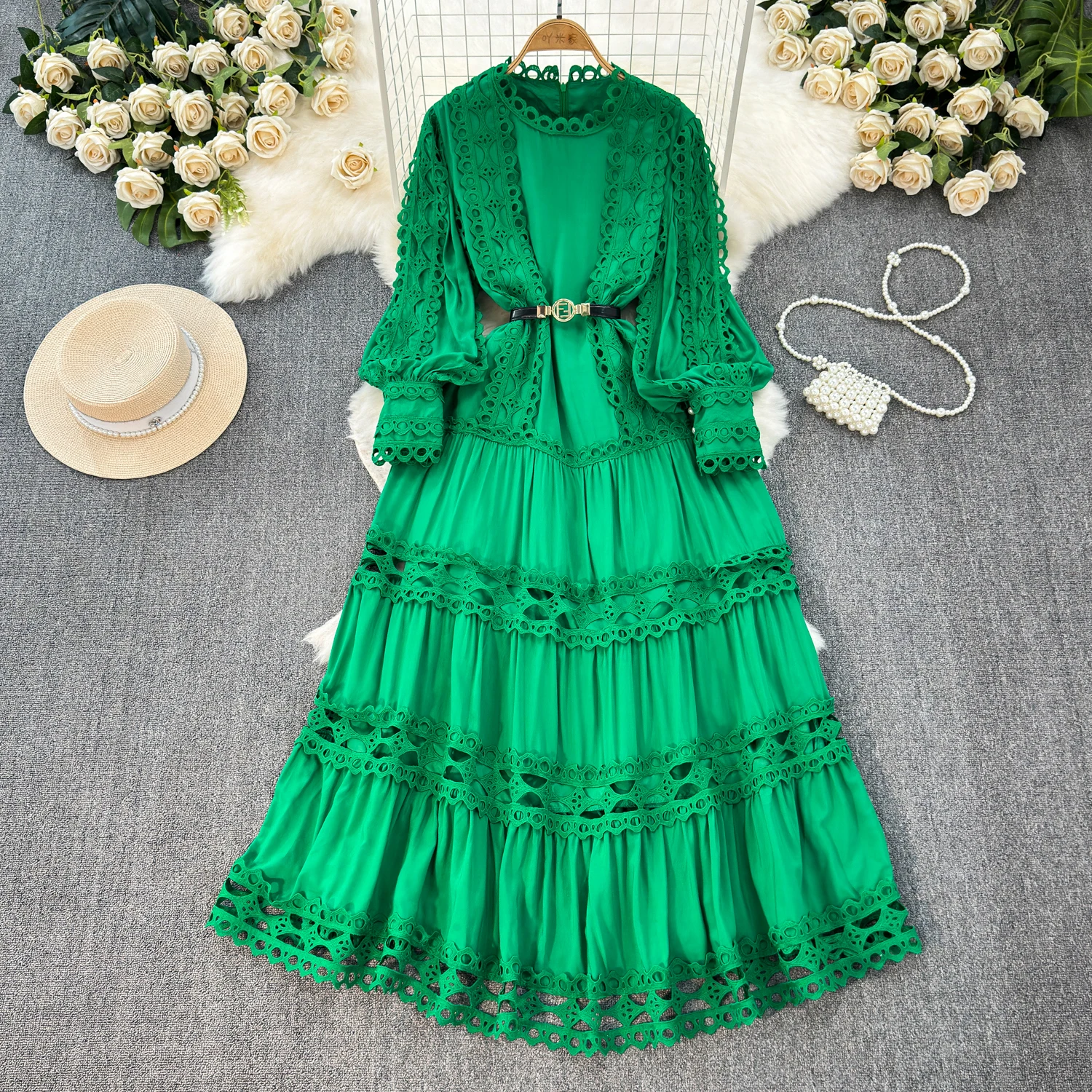 HANOU Court Style Hollow Hook Flower Ladies Dress Female Heavy Industry Patchwork Lace Long Sleeve Women Boutique Maxi Dresses