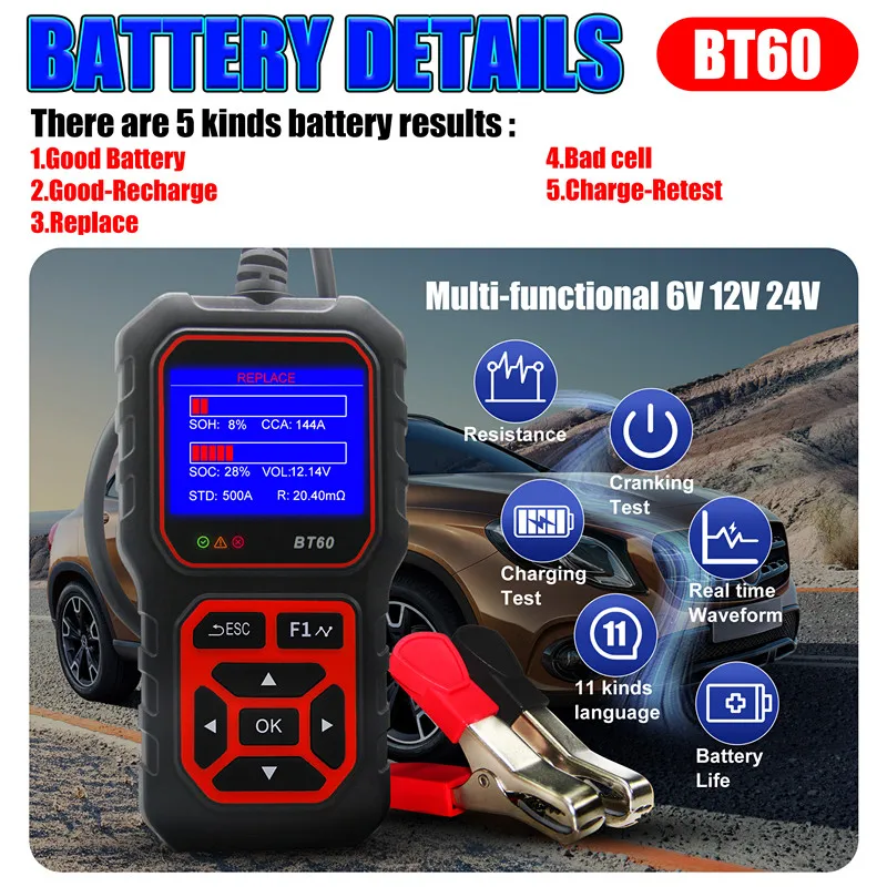 Acclope Car/Motorcycle/Truck Check Tool BT60 Battery Tester 6V-12V-24V SOH Plug And Play 11 Kinds Language SOC