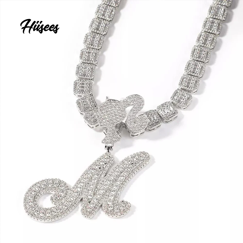 Personalized Iced Out Silver Jewellery Girl Head Buckle Initial Pendant Cursive Diamond Big Letter CZ Pendant Necklace For Women