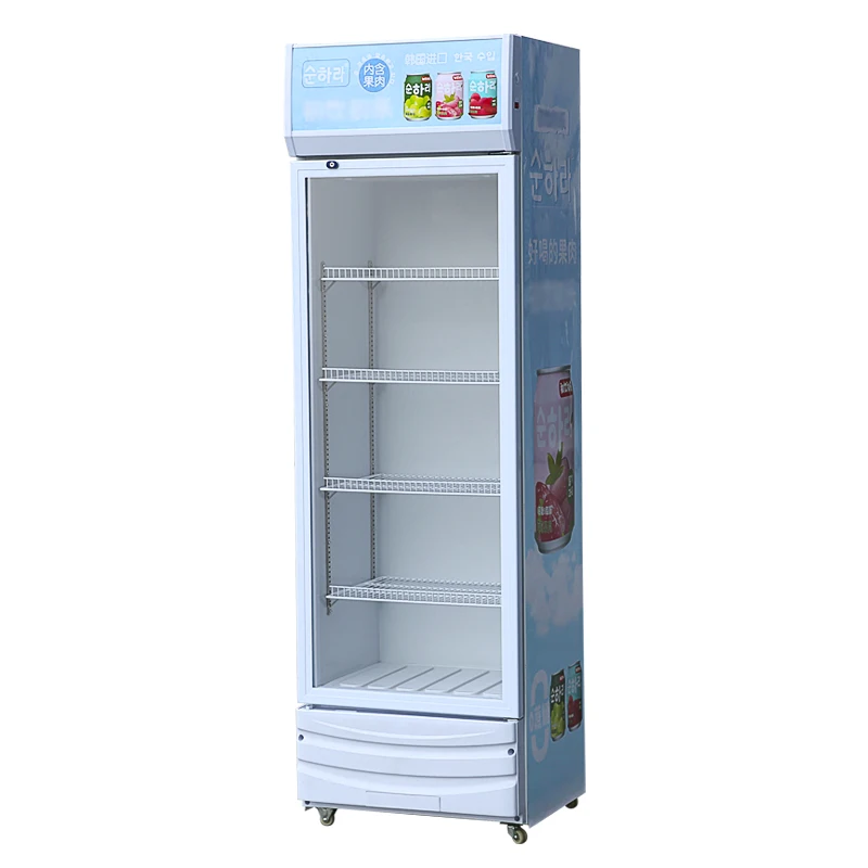 Commercial 318L big energy drinks milk display cooler single glass door big refrigerator with wheels