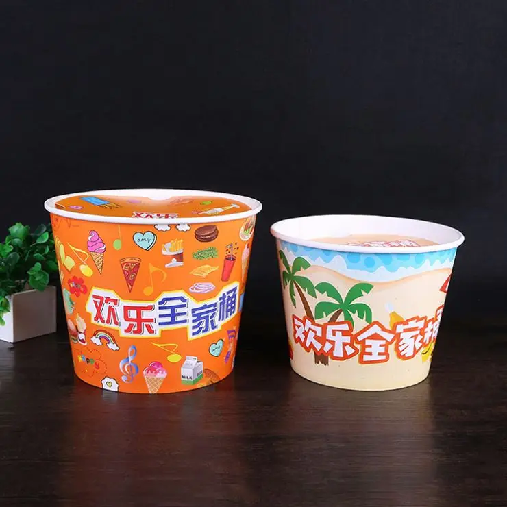 64Oz Disposable Big Size Custom Printed Paper Popcorn Cups With Plastic Lids