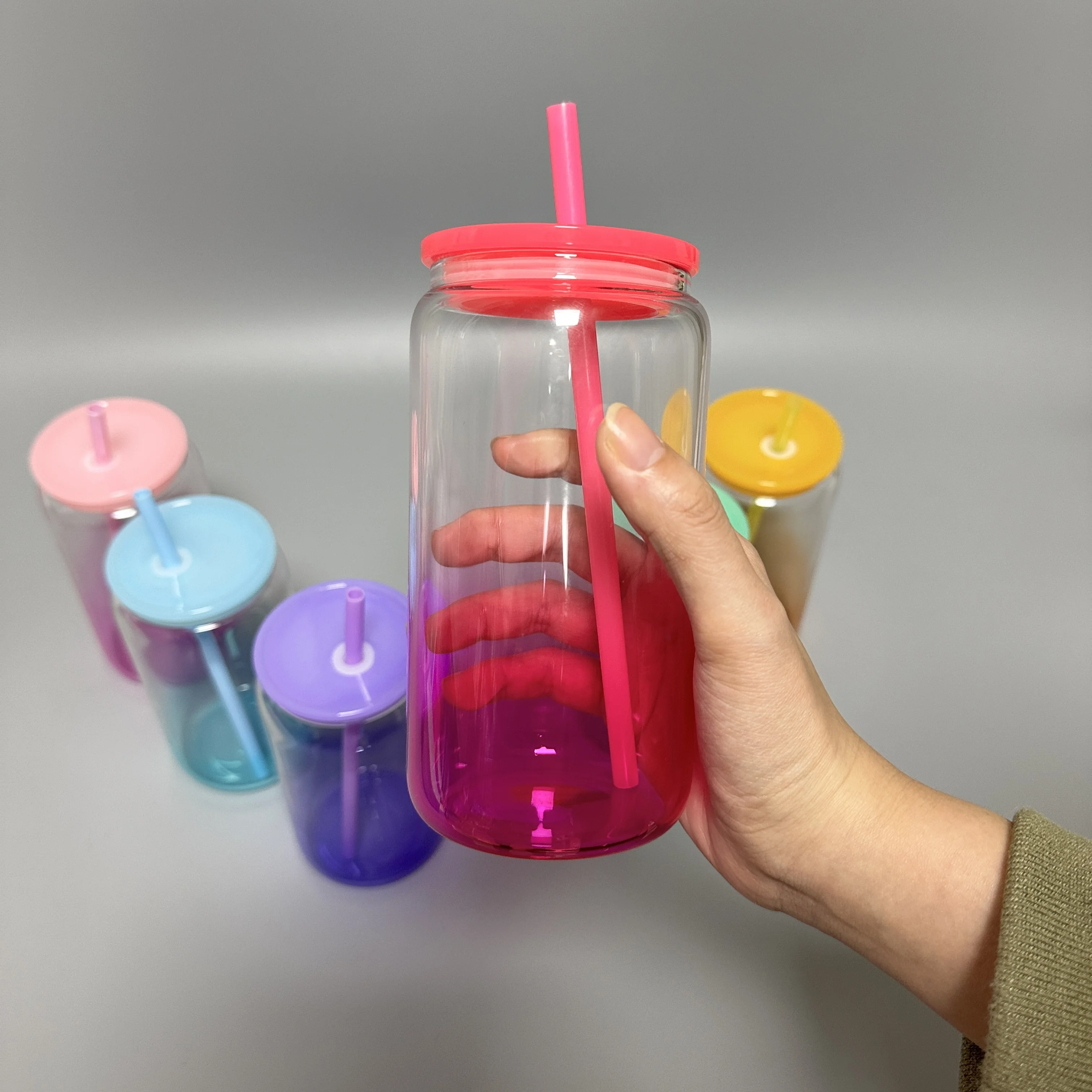 16oz Clear Glass Cans Sublimation Blanks Ombre Jelly Glass Tumblers With Colored Plastic Lids and Colored Straw