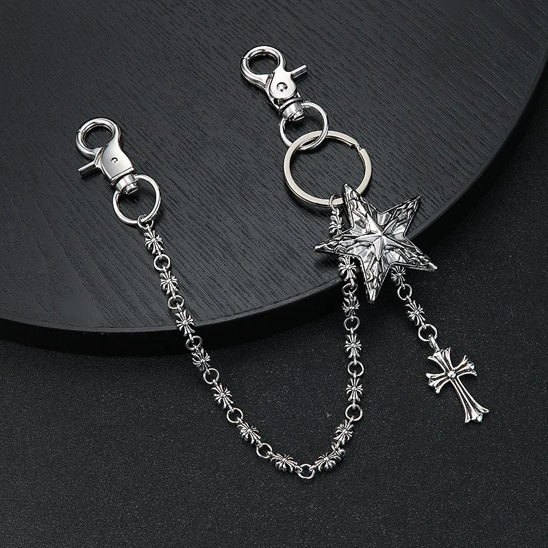 Pants Chain for Men Women Halloween Costumes Big Star with Cross Jeans Chains Goth Accessories Punk Hip Hop Wallet Chain Silver