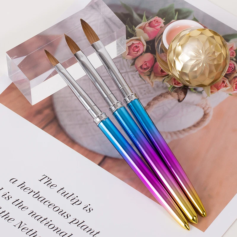 Manufacturer New Rainbow Metal Handle Wholesale 100% Pure Kolinsky Sable Acrylic Nail Art Brushes