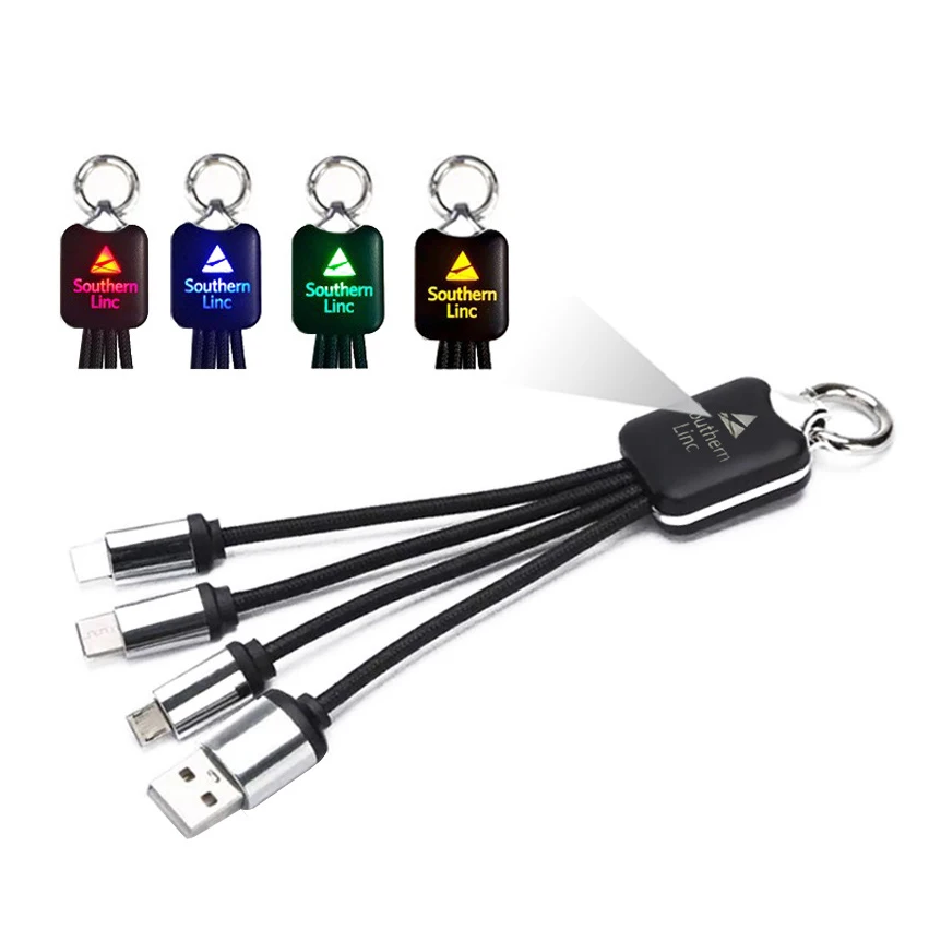 Multi 3 in 1 LED logo Charger Cable Light Up Charger Car Charging Cable USB Cable Type C for Apple Android iOS