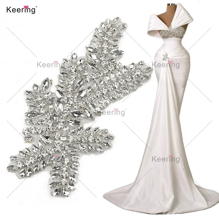 HOT WRA-1037 Keering A Class Crystal Cloth Bling Rhinestone Iron-On Neckline Hot Fix Applique For Dress