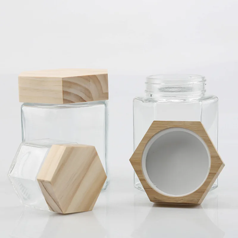 New hexagon glass honey jar with wooden cover and stick