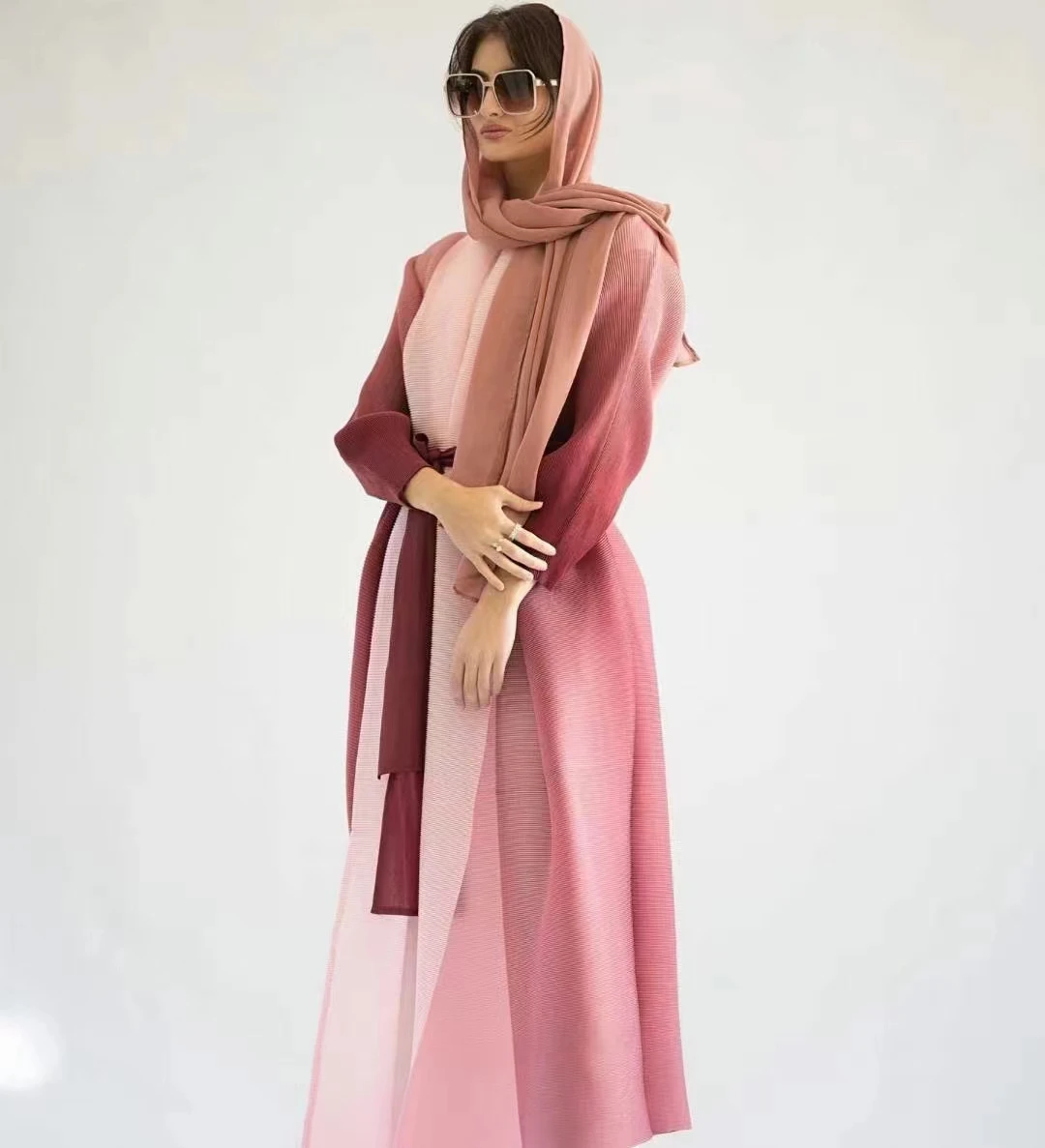 Sheen Bohemian High Quality Miyake Gradient Plus Size Loose abaya femmes robe musulmane long abayas for women muslim