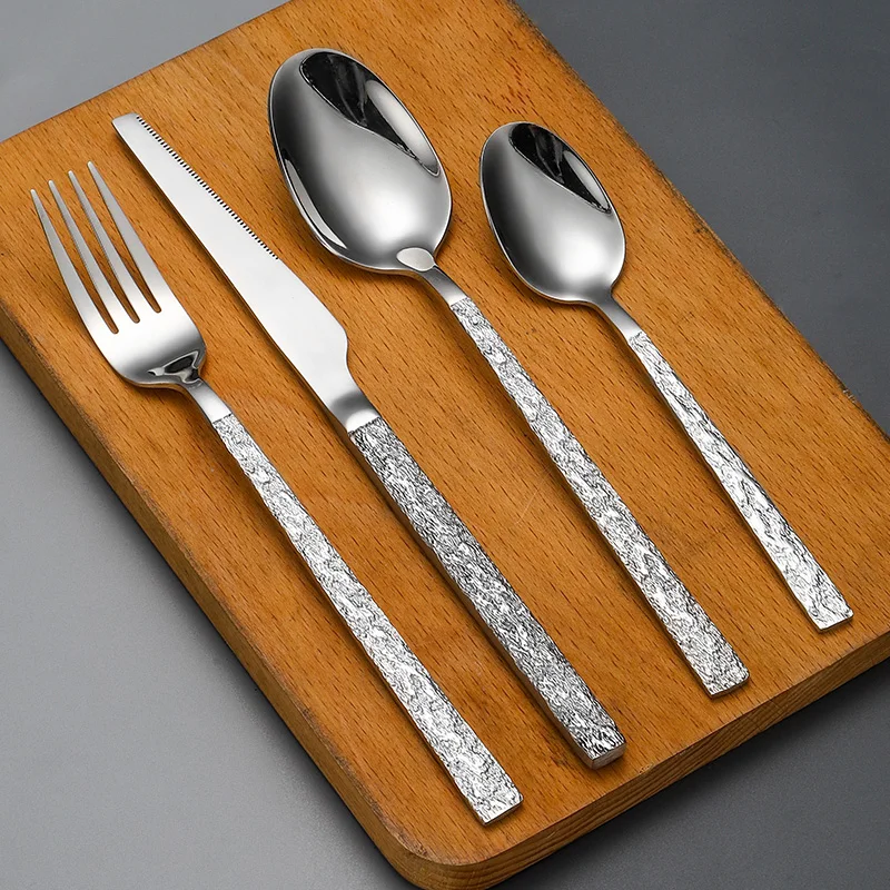 New Arrival Tableware Stone Pattern Handle 4PCS Spoon Knife Fork Wedding Mirror Sliverware Cutlery Set