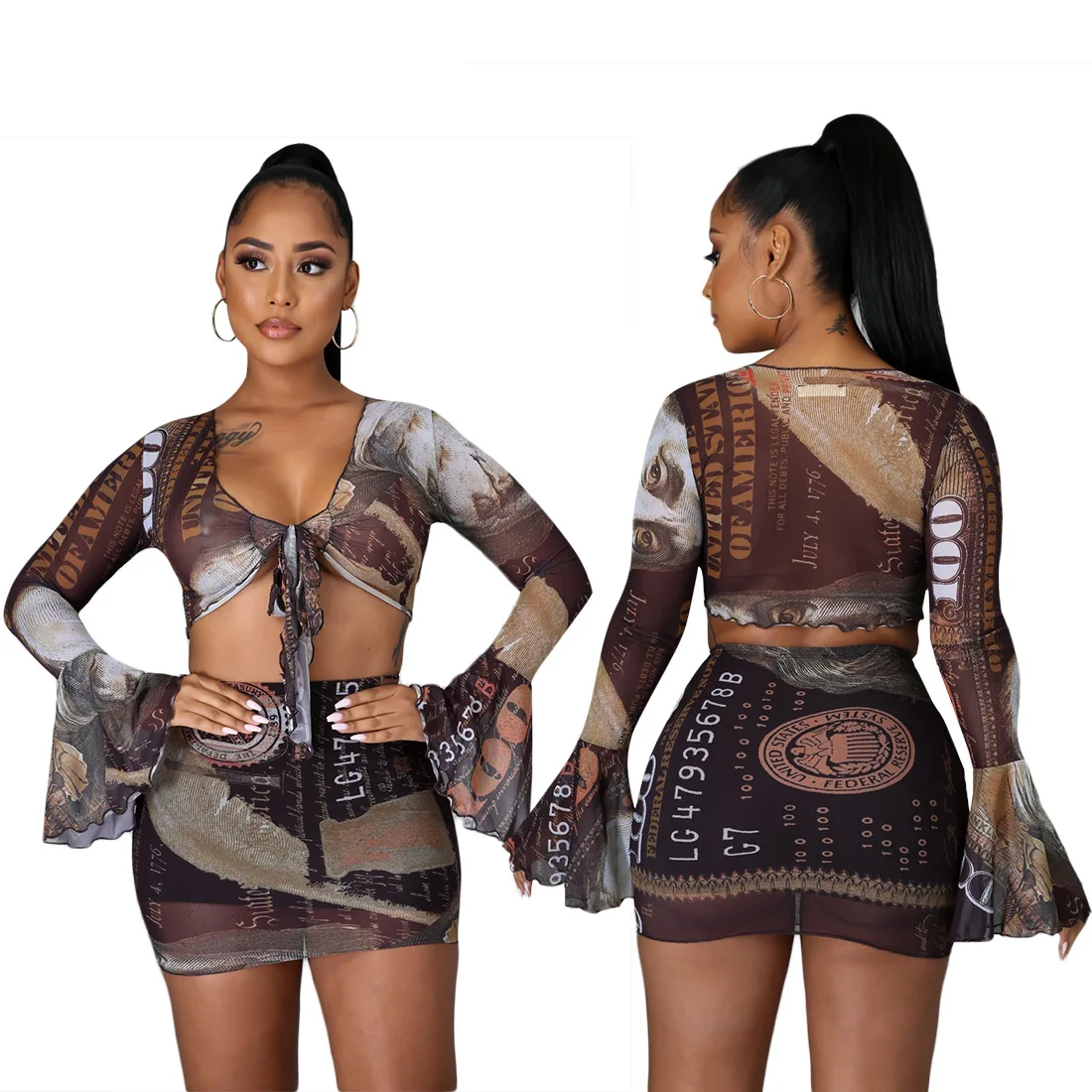
Summer Ladies Flare Sleeve Crop Top Women Skirt Sets 2 Piece Outfits 