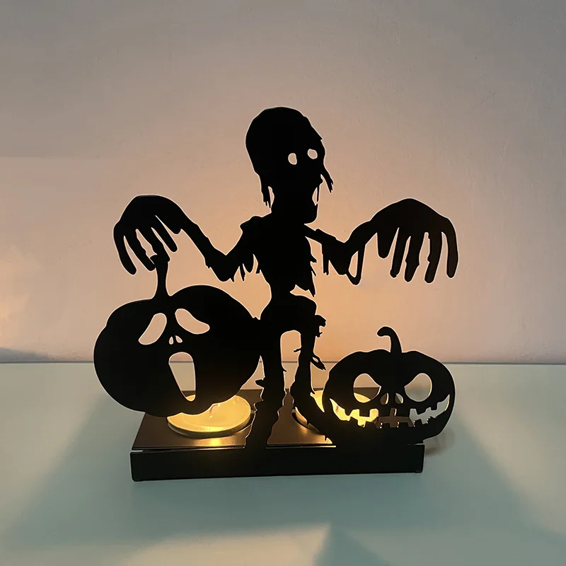 Halloween Pumpkin Mummy Skeleton Metal Iron Crafts Atmosphere Luminous Decoration Props Candle Stand Holder