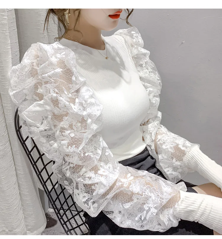 2021 New Design Fall Lace Puff Sleeve Slim Tops For Women Long Sleeve Ladies Blouses