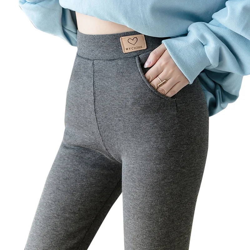 Factory New Women Casual Wear Pocket Leather Label Leggings Thread Plus Lamb Velvet Thick Warm Pants Bottoming Cotton Trousers