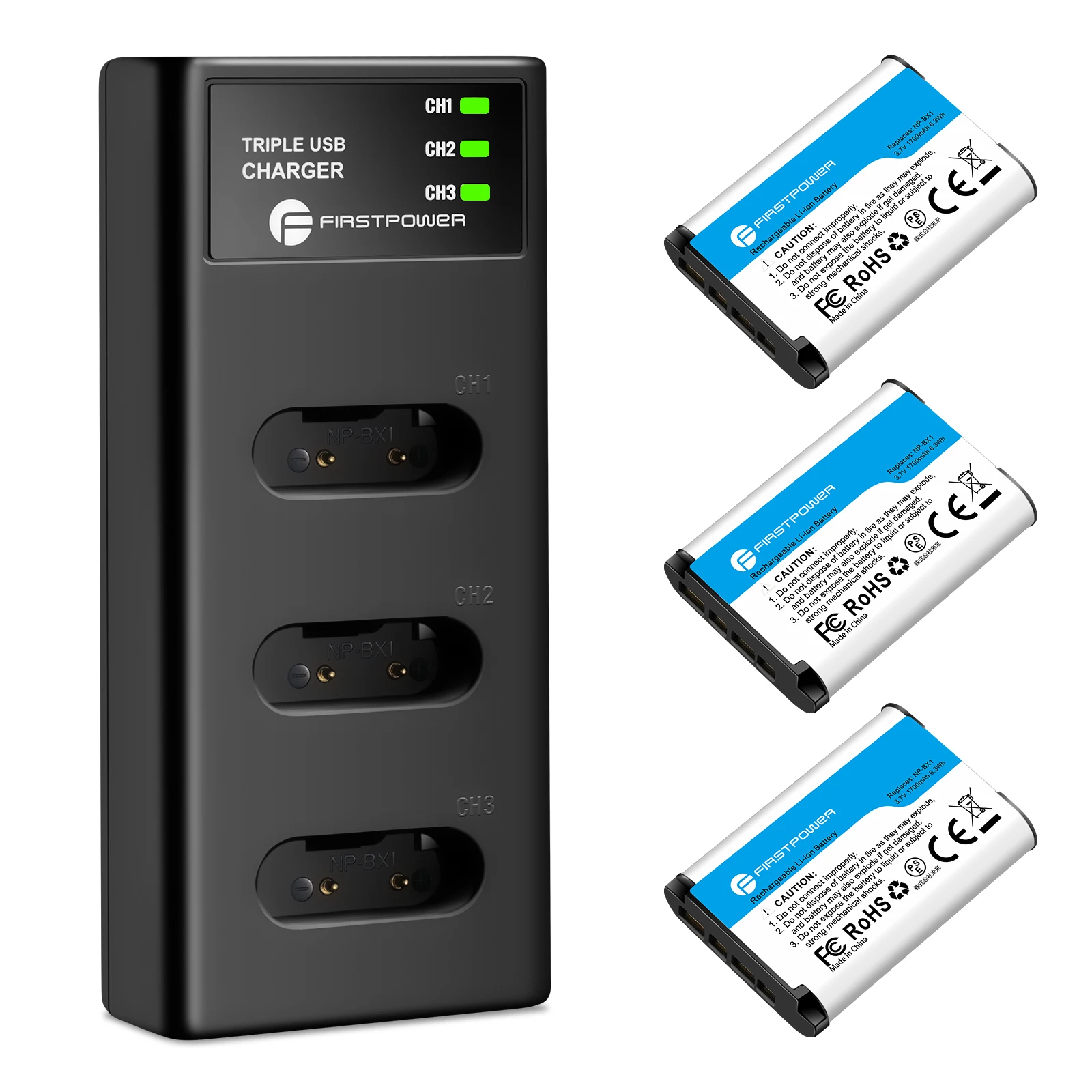 Safety 3 Pack Camera NP-BX1 Rechargeable Lithium-ion Batteries Micro USB Type-C Triple Slot LED Charger