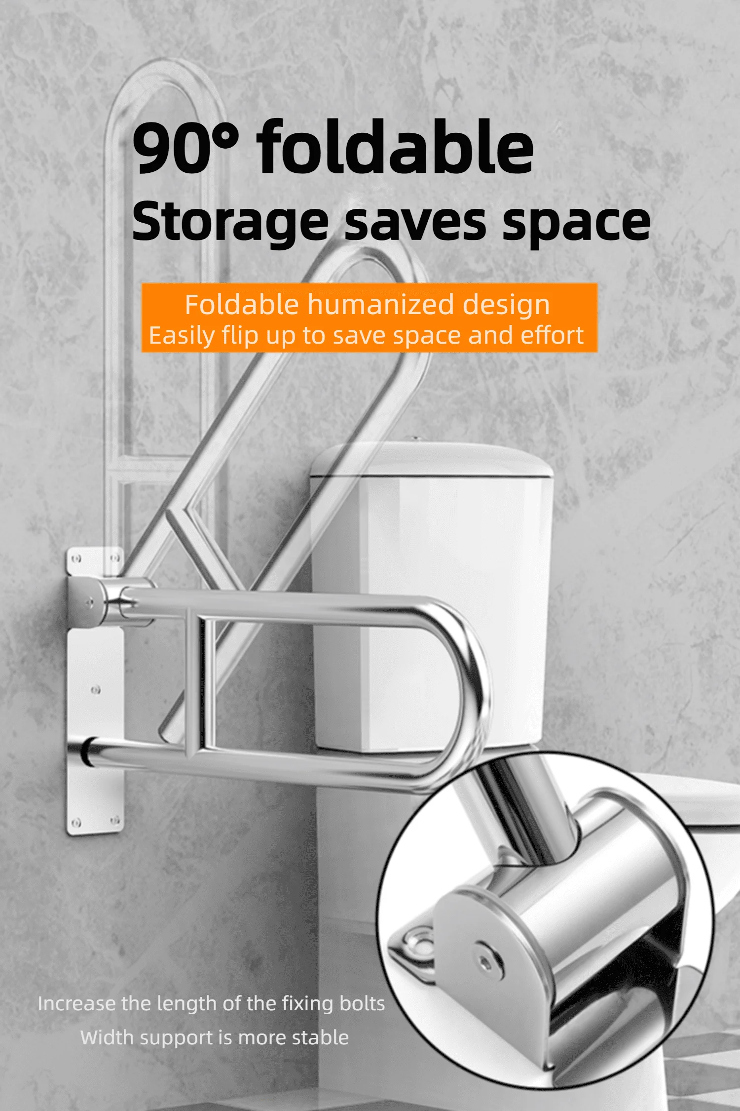 U-Shaped 304 Stainless Steel Handrail Collapsible Bright Safety Toilet Grab Bars for Elderly Barrier-Free Bathroom Armrest