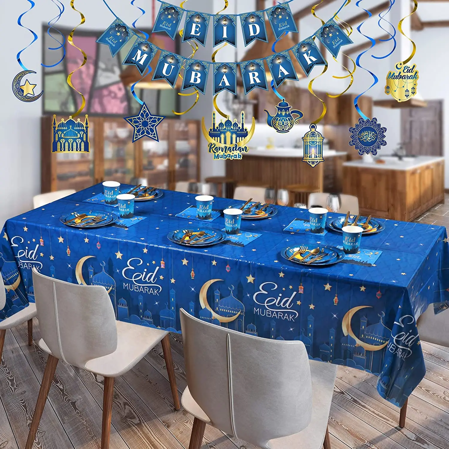 2023 New Eid mubarak decorations for table paper plate set disposable tableware set Napkins for Ramadan Eid Mubarak tableware