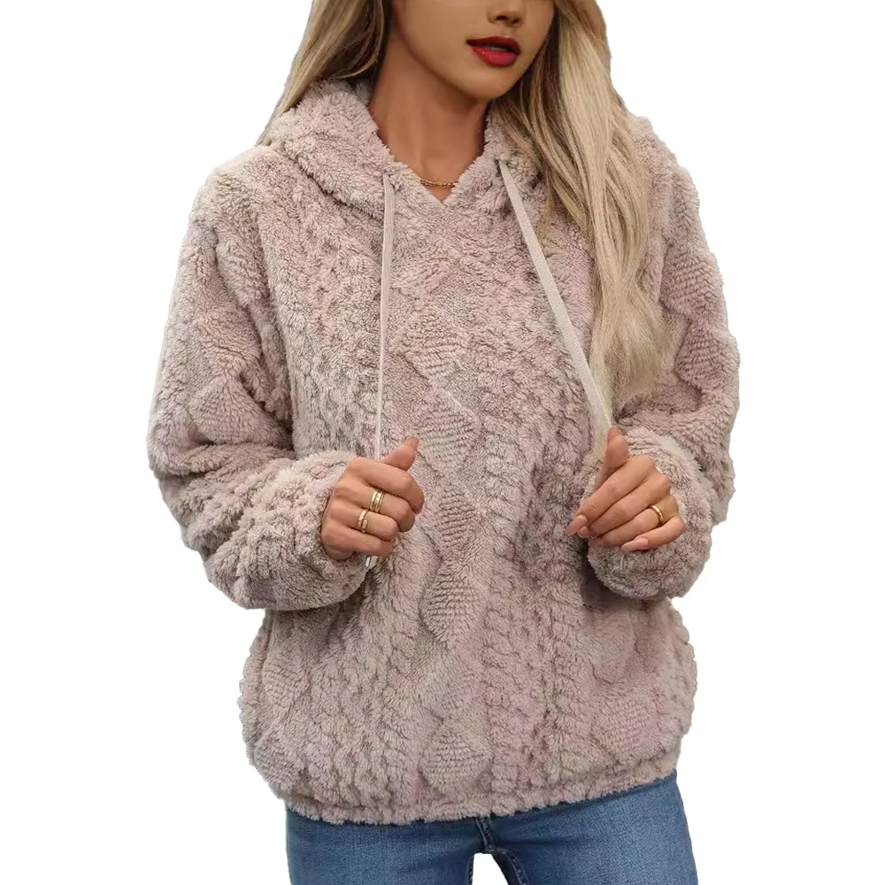OEM ODM High Quality Winter Clothes For Women Rugby Pullover Faux Fur Beige Hooded Long Sleeve Sweatshirt
