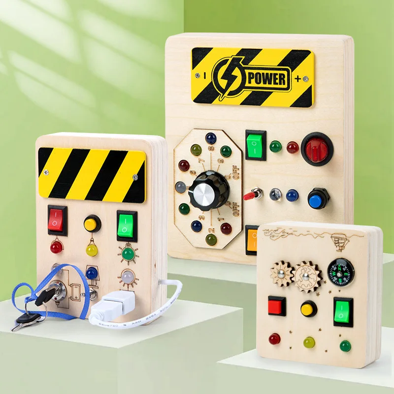 Best Selling Unisex Montessori Toy Three Wooden LED Light Switch Buttons Busy Board Control Circuit Panel for Children