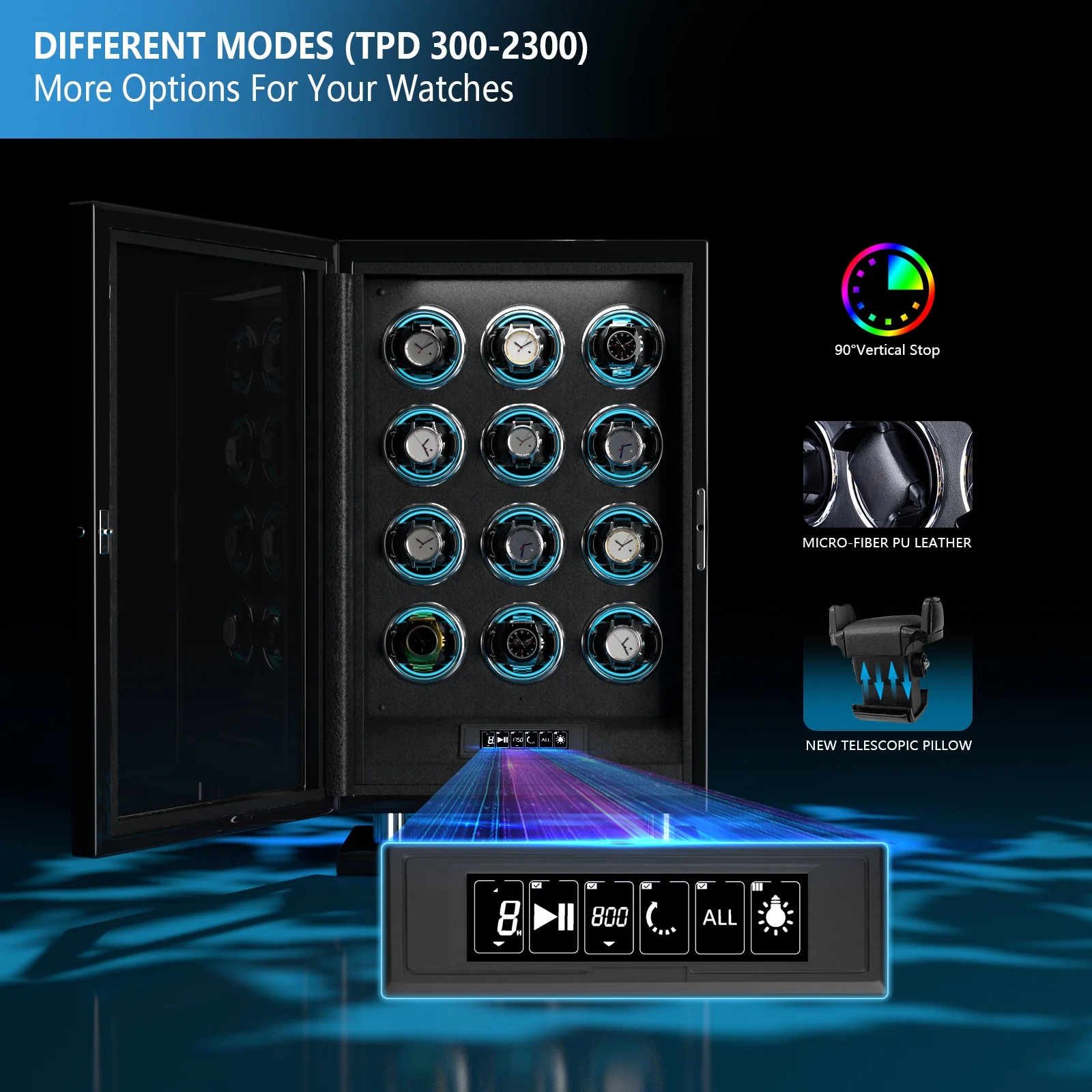 China Modern Luxury Leather Watch Winder Box Automatic 12 Slots Fingerprint Watch Winder Vault with RGB Light