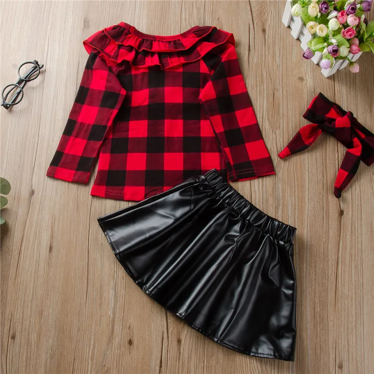 Wholesale children boutique clothing baby clothes Red black Grid top+ Leather skirt +hairband 3pcs girl clothes set