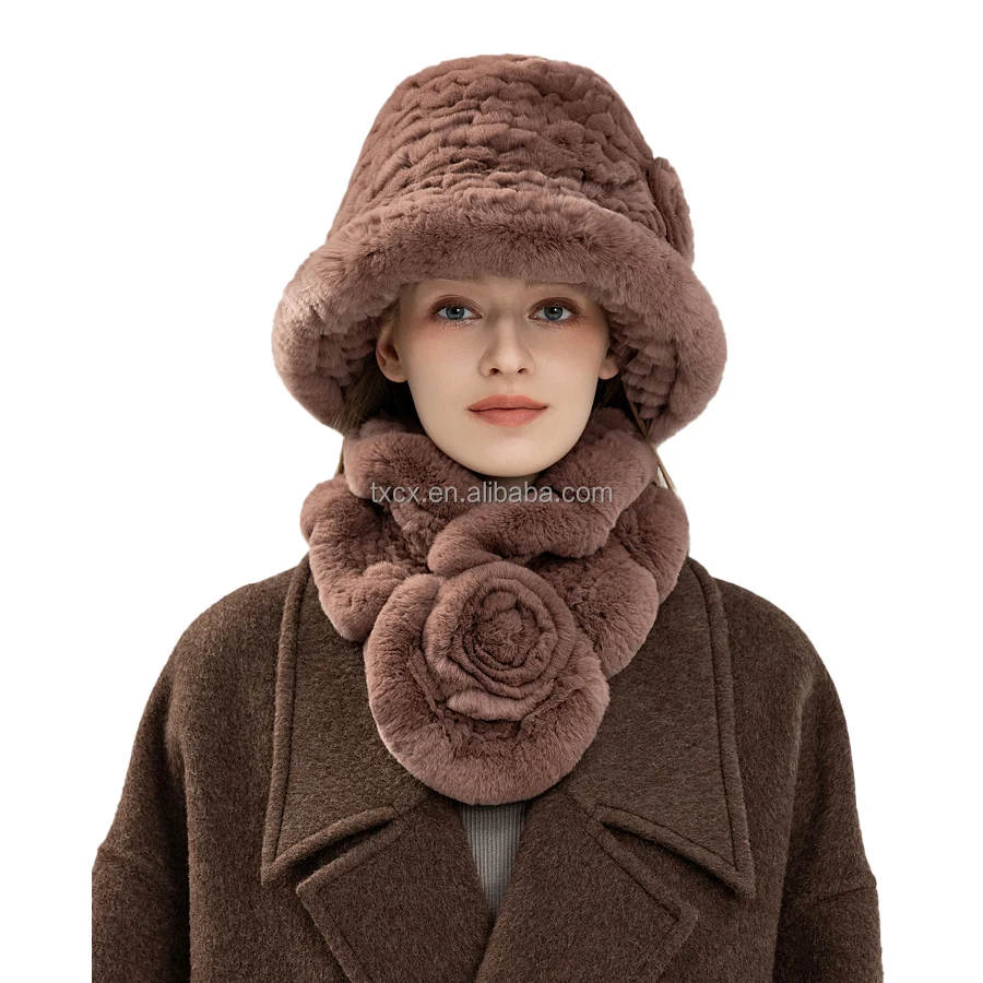 CX-SET-45 Winter Elegant Hand Knitted Real Rex Rabbit Fur Hat and Scarf Set