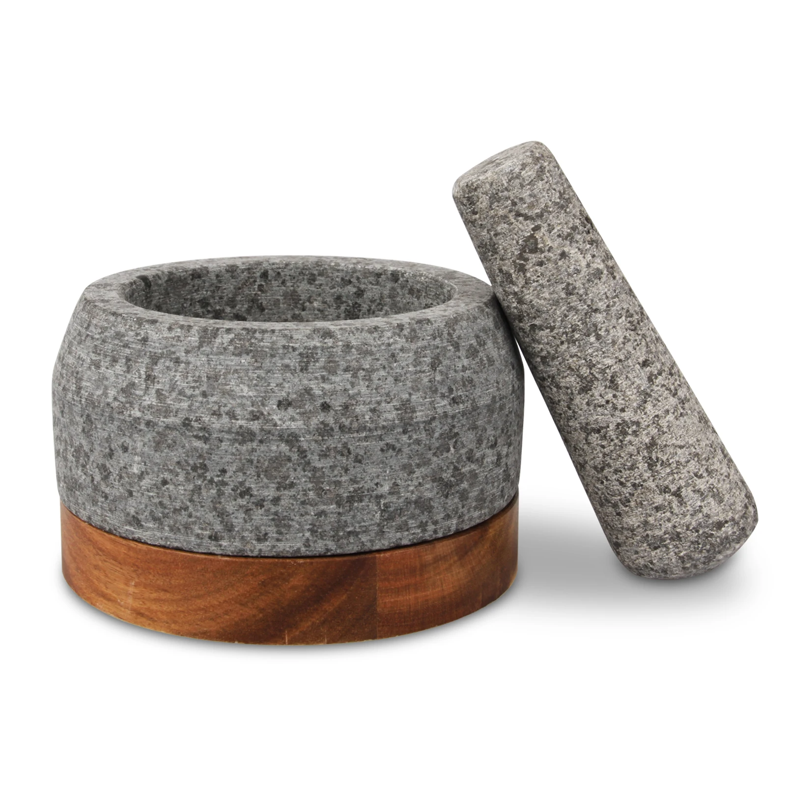 Cheap Wholesale Round White Grinding Herbs Spice Kitchen Natural Stone Granite Mortar and Pestle With Wood Base