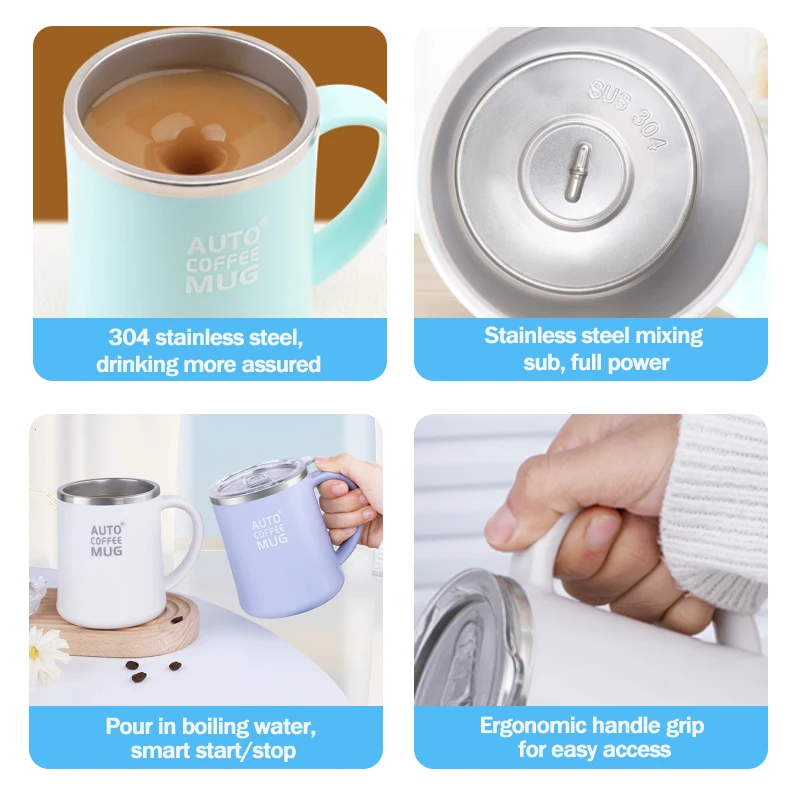 Cute Design Smart Thermal Cup Stainless Steel Coffee Mixing Mug Blender That Automatically Stirs Hot Water