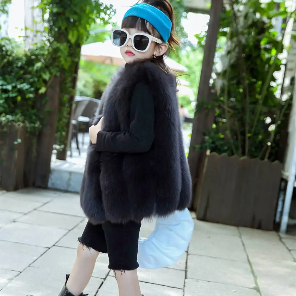 Детское пушистое пальто без рукавов, Детский милый Модный зимний жилет с отделкой из натурального Лисьего меха, плотный теплый меховой жилет для маленьких девочек