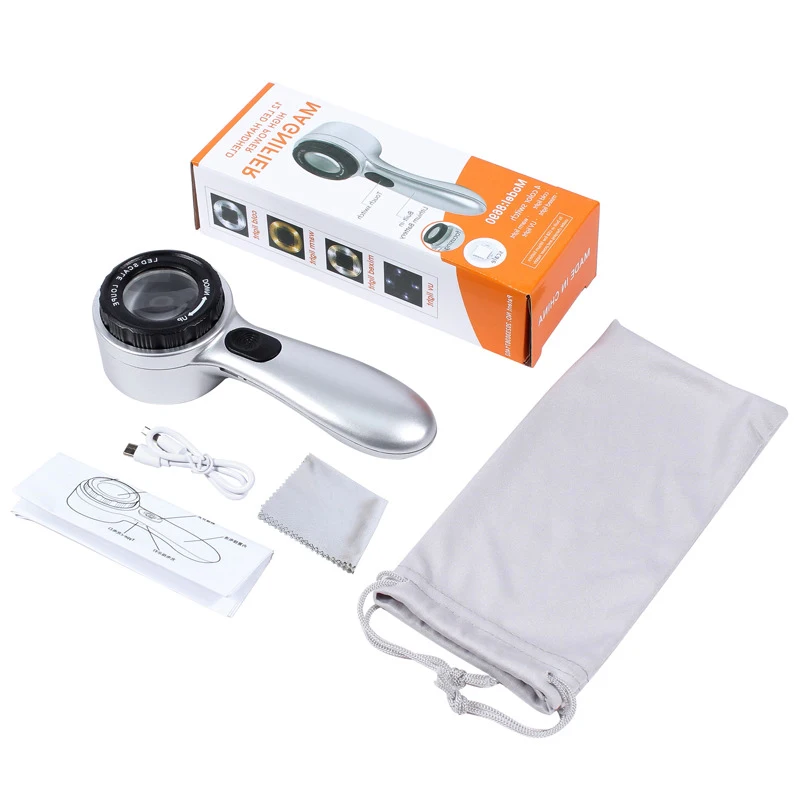 4Color LED Lights Source Cold white Warm Yellow UV Purple Lights Adjustable Focal Length 30X Charging Magnifier
