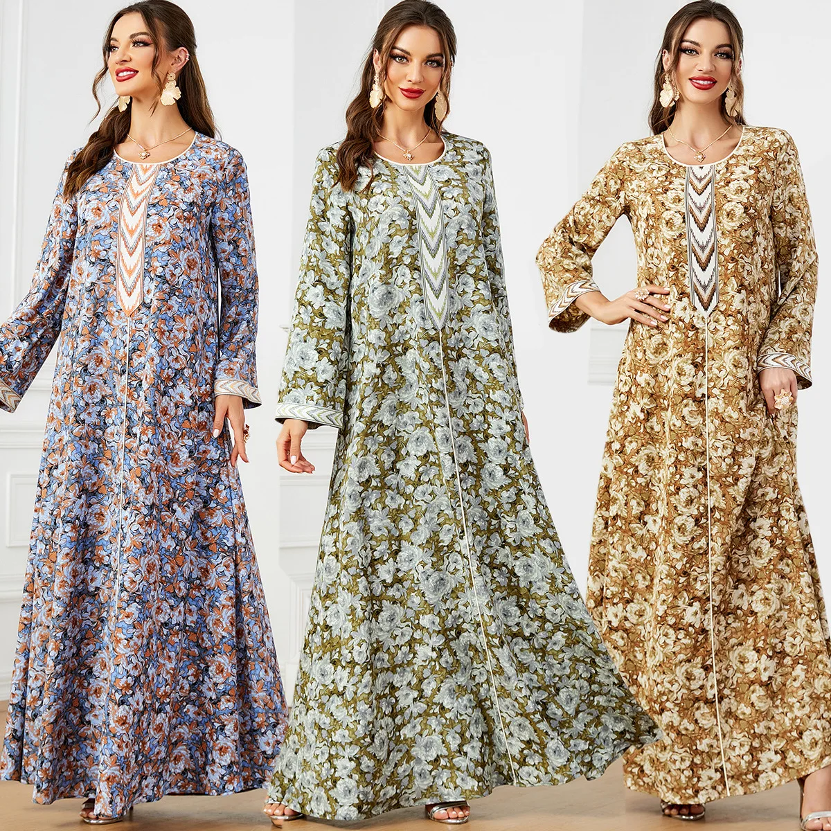 Middle East Muslim Dresses Turkish Islamic Colorful Printed Evening Fashion Elegant Crushed Flower Swing Dress 7091