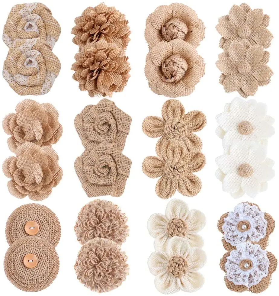 24 Handmade Burlap Flowers and Burla BowTwine Glue Point Burlap ute Ribbon for Wedding Party Decor Home Embellishment DIY Crafts