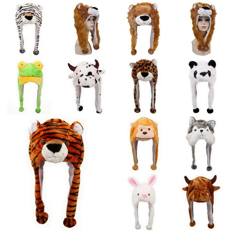 adult kids winter warm hat plush Panda Monkey Tiger Leopard Frog Wolf Lion Cow bunny hat earflap hood scarf animal hat