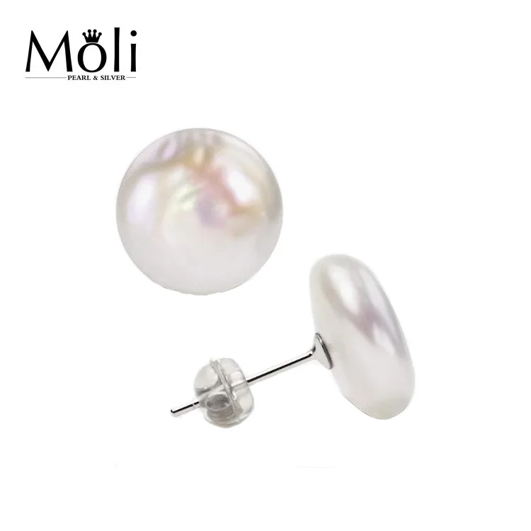 Fashionable Jewelry Silver Post 11-12mm White Natural Coin Pearl Stud Earrings