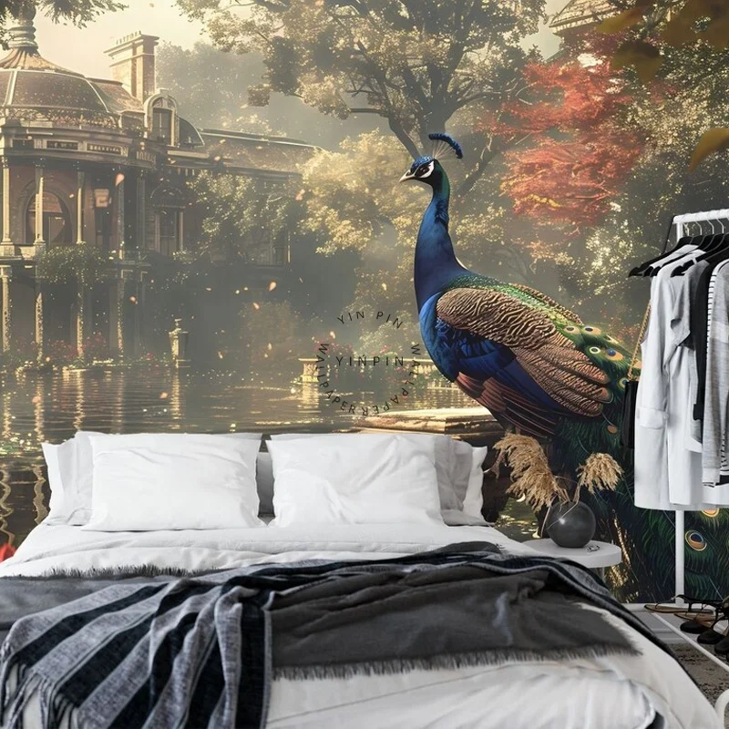 Retro chinese landscape peacock mural wallpaper home decoration